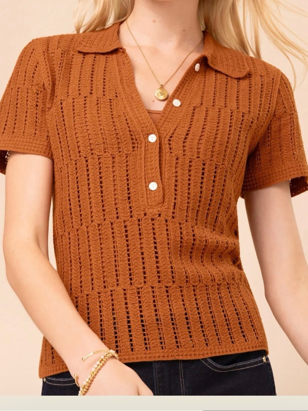 Spartina 449 Women’s Chantel Crochet Cotton Polo Shirt Pecan XL New W/tag